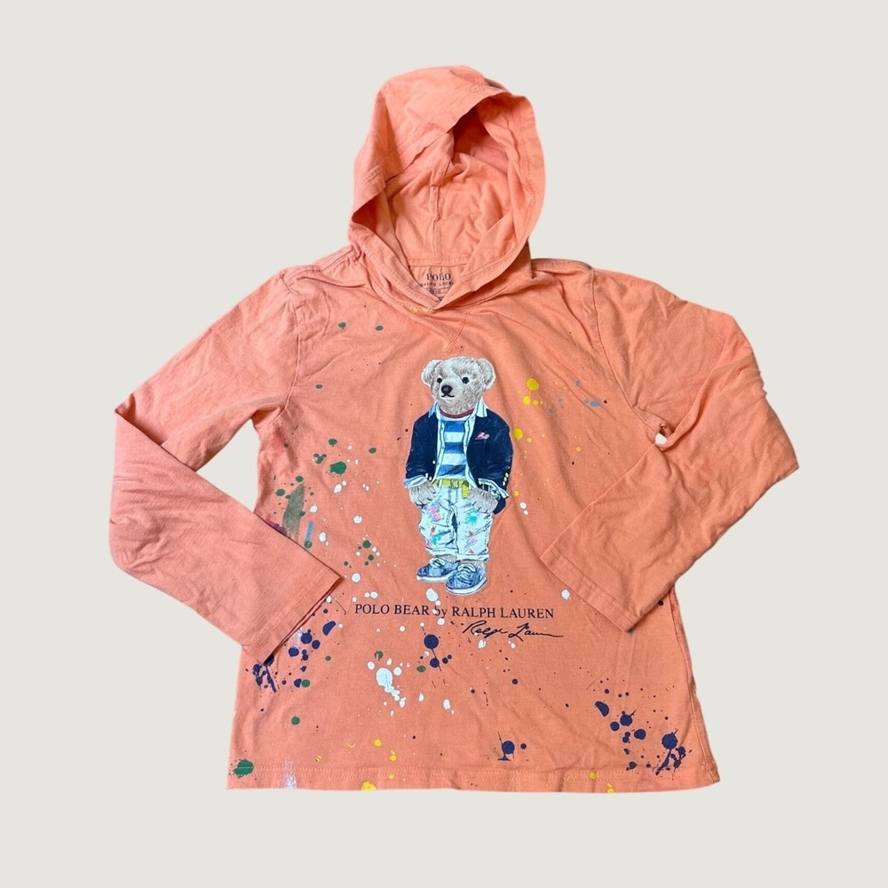 Polo Ralph Lauren Hooded Tee Boys Orange Paint Splatter Polo Bear SIZE 10-12 M